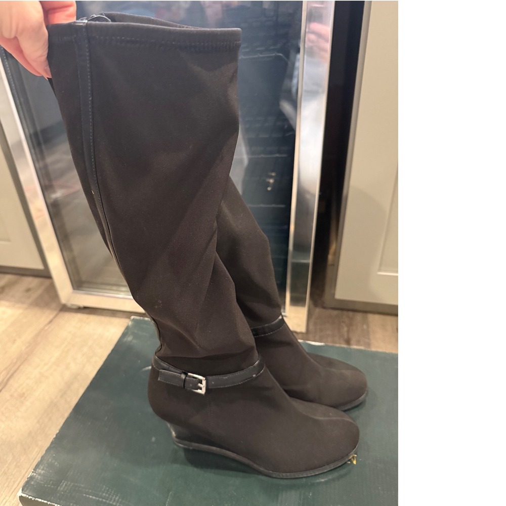 Lauren Ralph Lauren Black Stretch Fabric Wedge Boots Size 6.5 B‎ Tula
